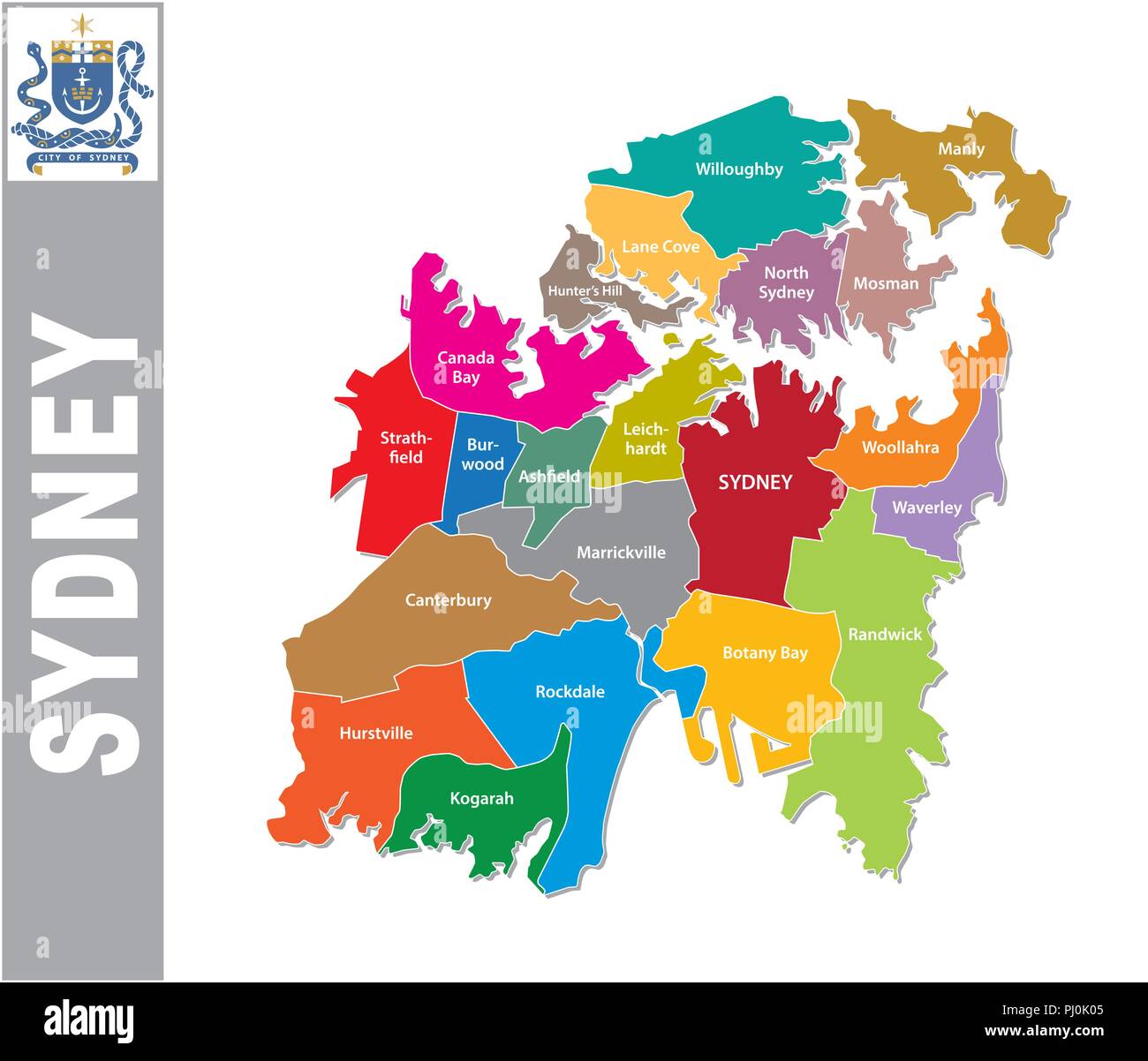 Sydney colorés carte politique et administrative avec des armoiries. Illustration de Vecteur