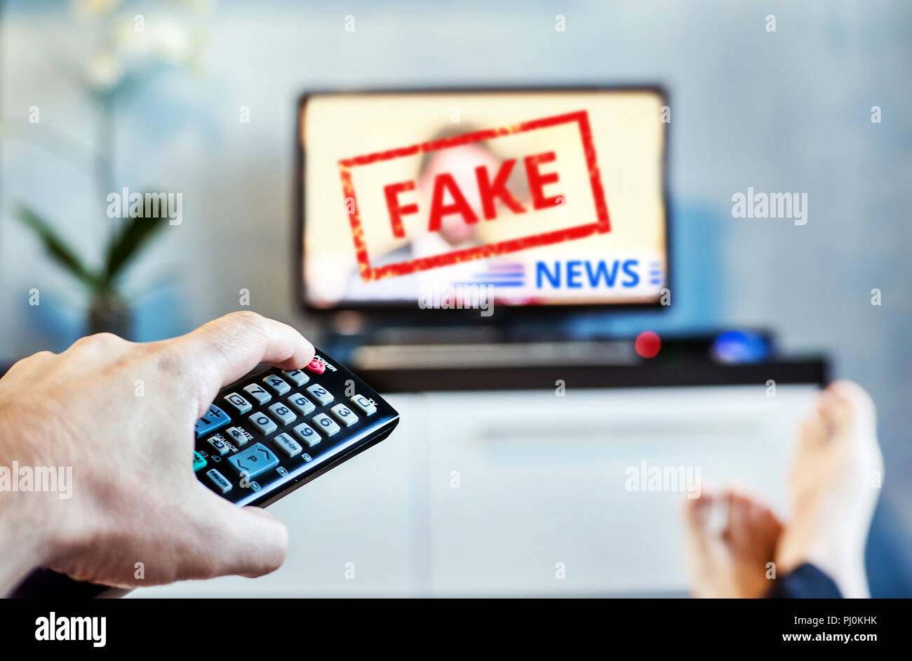 Fake News canular de propagande télévision Politique Sociale Internet. Jeune homme regardant le faux reportage sur la TV à la maison. L'agitation et de la propagande dans le moderne Banque D'Images