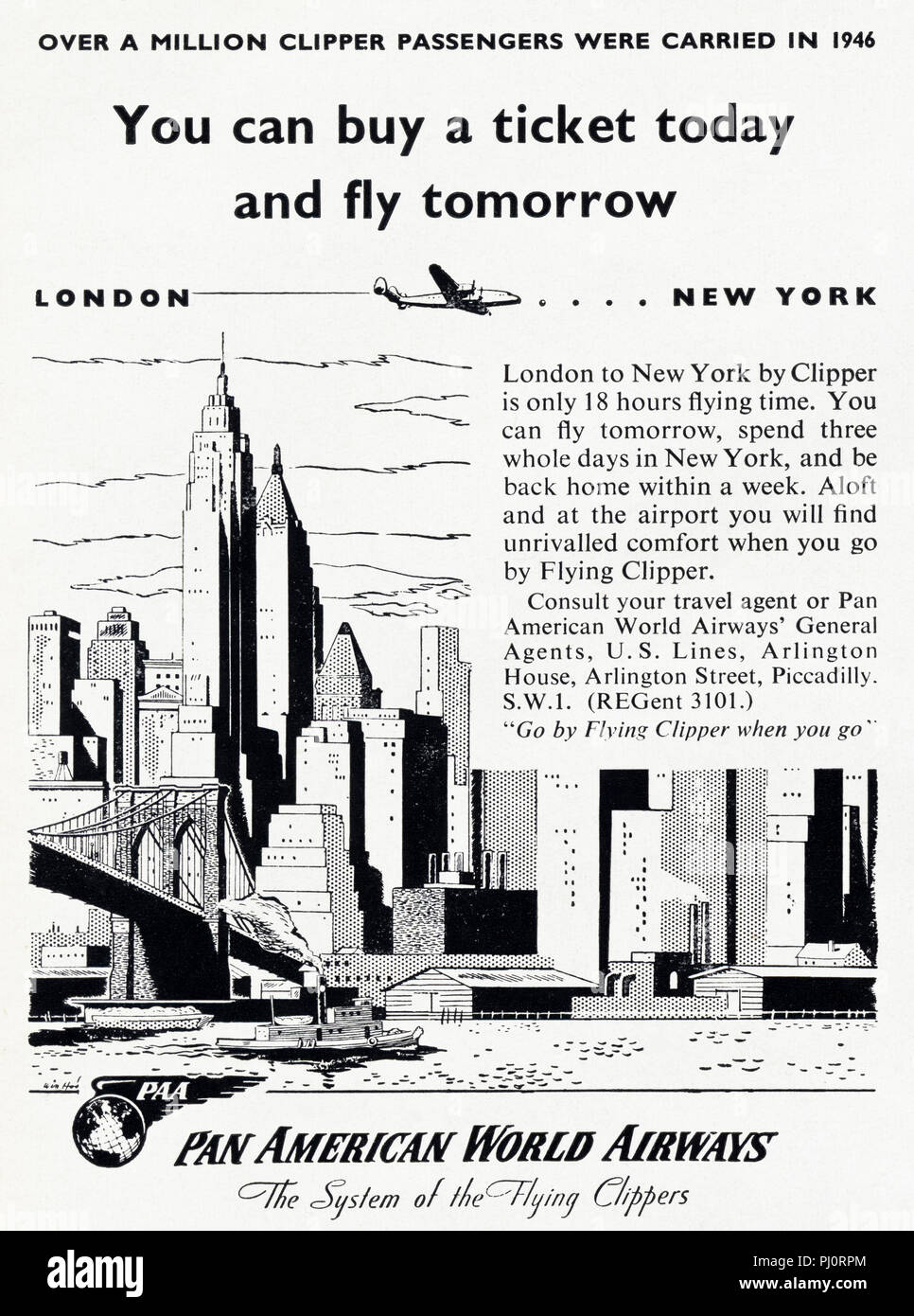 1940 old vintage publicité publicité originale Londres à New York par la Pan American World Airways dans la revue anglaise vers 1947 Banque D'Images