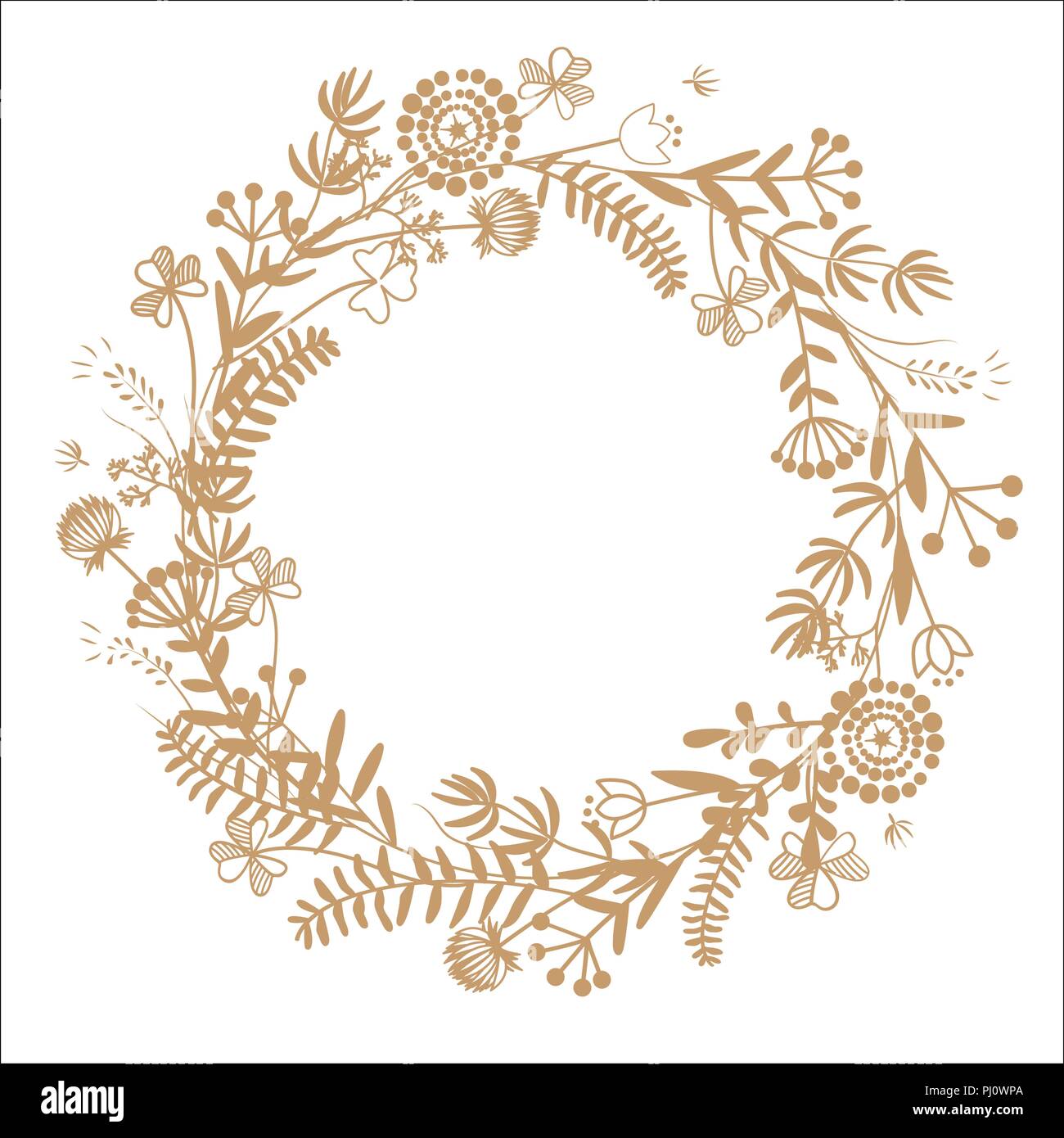 Bonjour Automne couronne dessiné à la main avec des herbes de prairie doodle. Frame background à vendre annonce, cosmetic packaging, cartes de voeux, bannières et desig Illustration de Vecteur