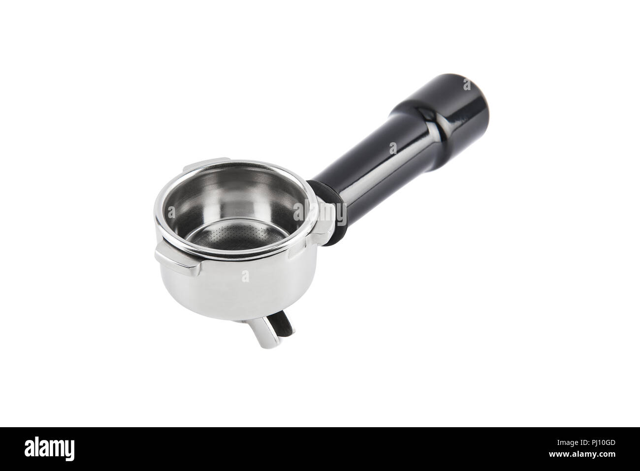 Portafilter isolé sur fond blanc. Porte-filtre vide pour machine à café espresso. Black Espresso handle. Banque D'Images