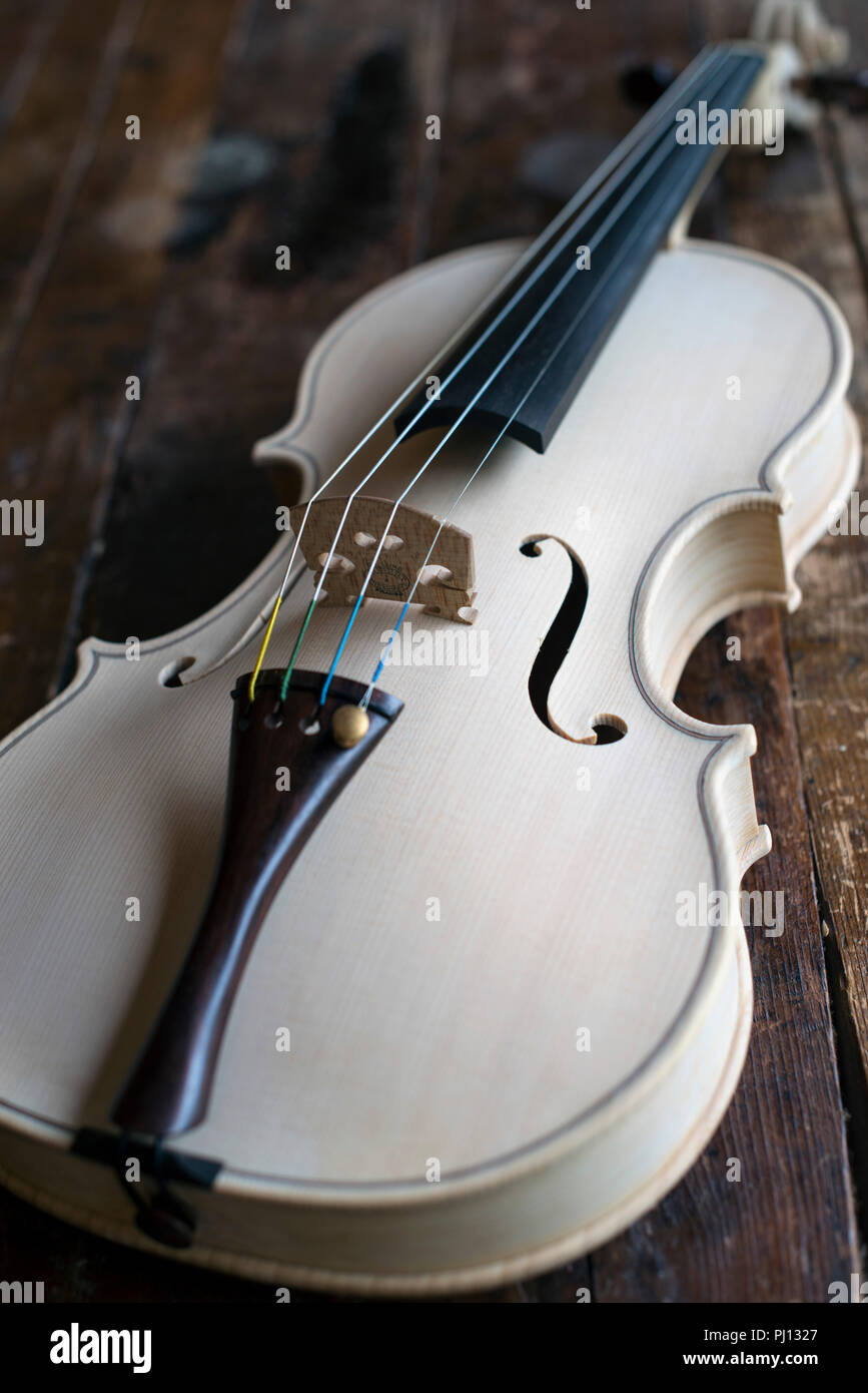 La photo montre le premier violon de bambou dans les ateliers de l'école de lutherie Misasa dans le centre-ville de Misasa, préfecture de Tottori sur 01 Banque D'Images