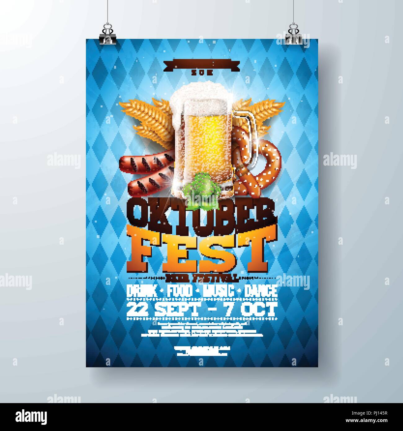 Illustration de l'affiche de la fête de la bière avec de la bière, bretzel, saucisse et du blé sur bleu et blanc du drapeau de la Bavière l'arrière-plan. Célébration du vecteur de modèle pour le festival de la bière traditionnelle allemande. Illustration de Vecteur
