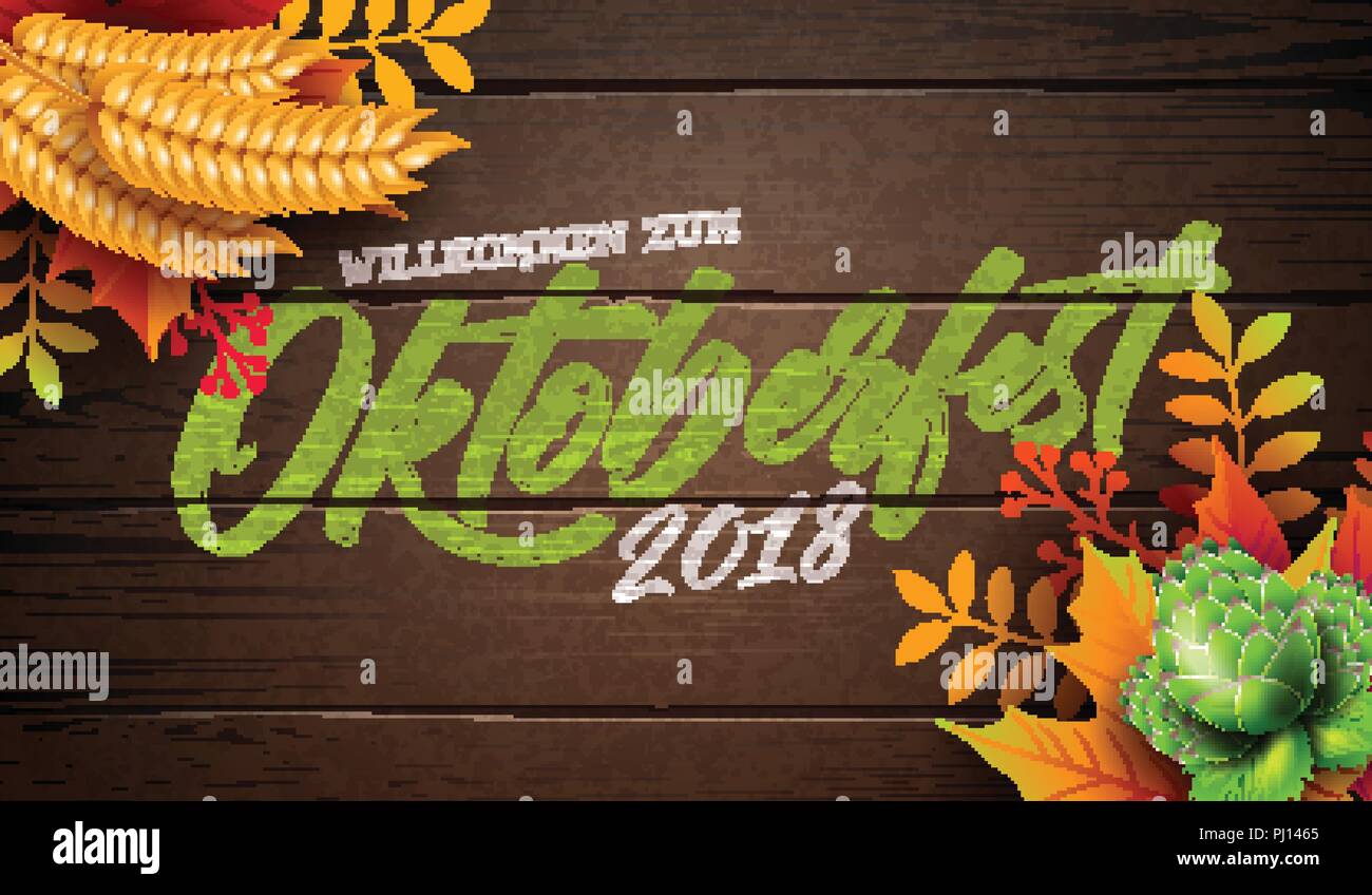 L'illustration de la bannière de l'Oktoberfest avec lettrage Typographie Vintage sur fond de bois. Fête de la bière allemande traditionnelle vecteur modèle Design avec du blé, du houblon et les feuilles d'automne pour carte de Vœux, Invitation, célébration Flyer ou affiche promotionnelle. Illustration de Vecteur