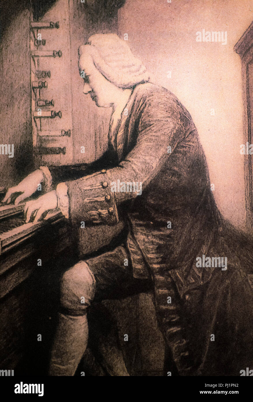 Une photo de Johann Sebastian Bach, le compositeur allemand vu ici à son orgue Banque D'Images