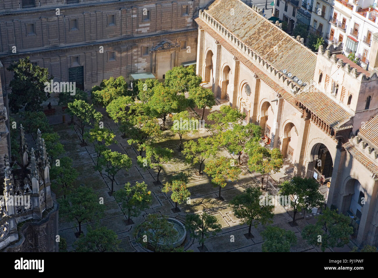 La Cathédrale de Séville, et le Patio de los Naranjos, ou Orange Tree, cour intérieure de la tour Giralda Banque D'Images