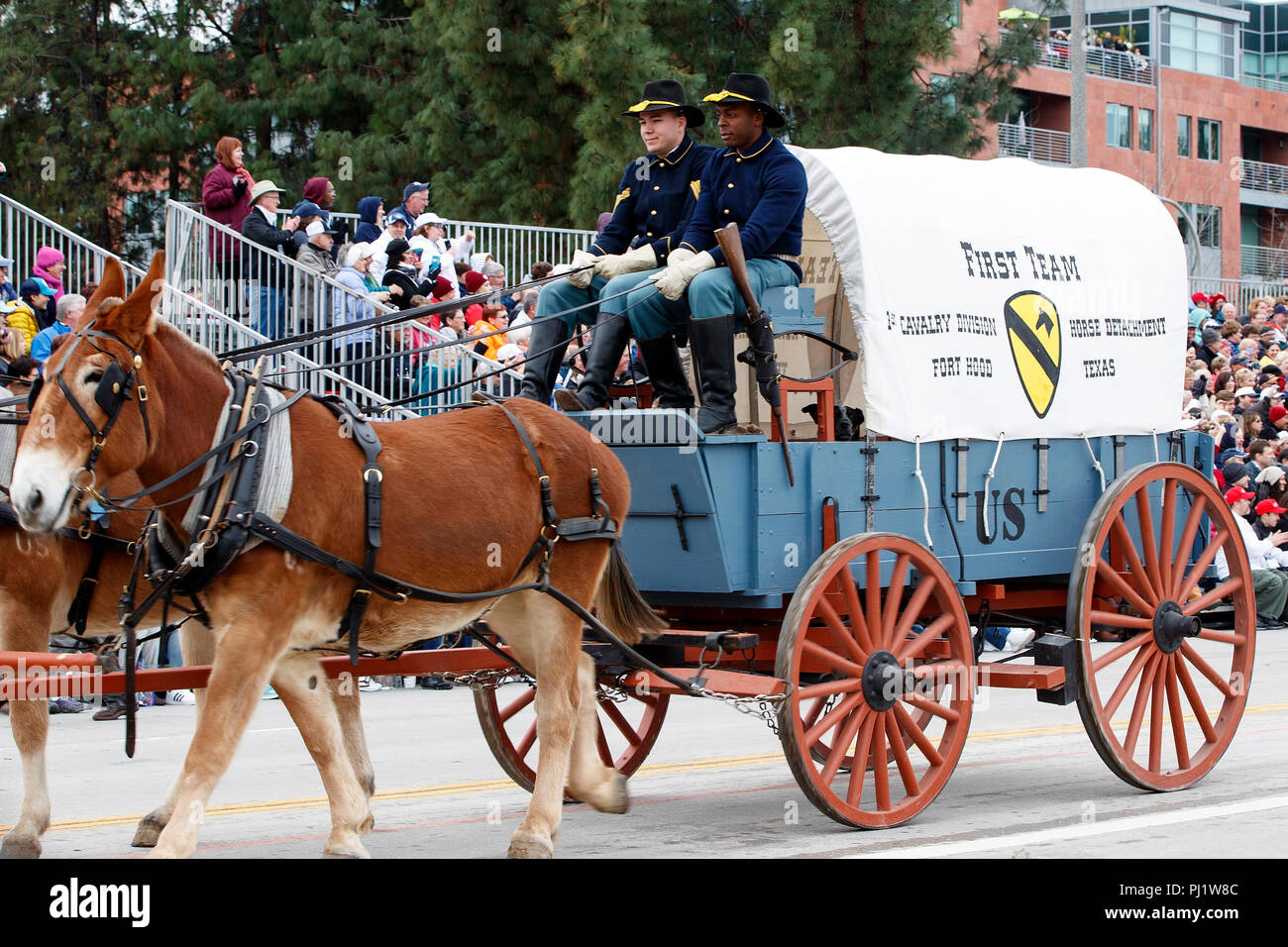 De chariot tiré par des chevaux de l'armée des Etats-Unis, 1e de cavalerie, de Fort Hood, au Texas, 2017 Tournoi de Roses, Rose Parade Parade, Pasadena, Californie, États-Unis d'Amérique Banque D'Images