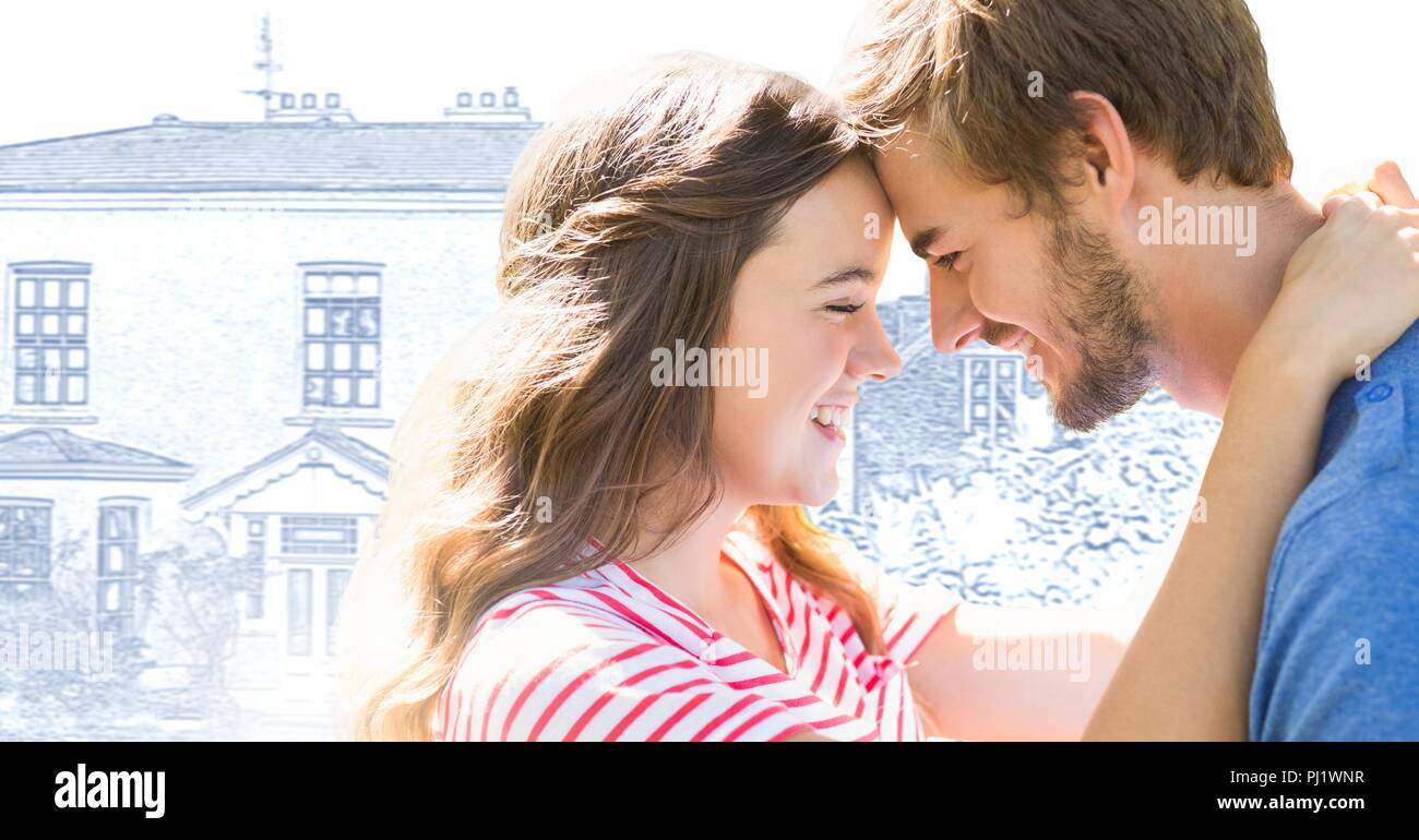 Couple embracing in front of house croquis dessin Banque D'Images