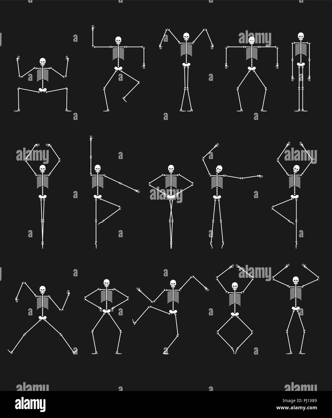 Jeu de danse squelette. Les os du crâne et des danses. Différentes poses Vector illustration. Illustration de Vecteur