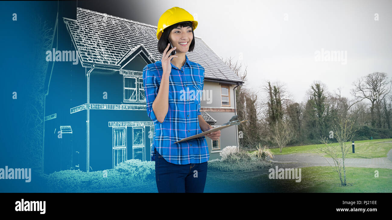 Image composite de female architect talking on mobile phone Banque D'Images