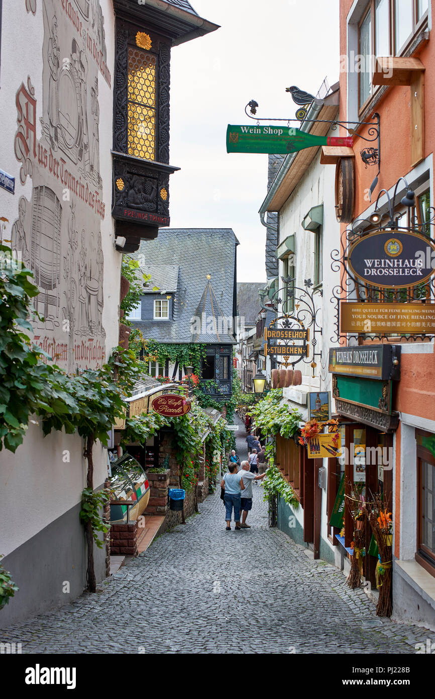 Drosselgasse, allée pavée à Rüdesheim am Rhein Banque D'Images
