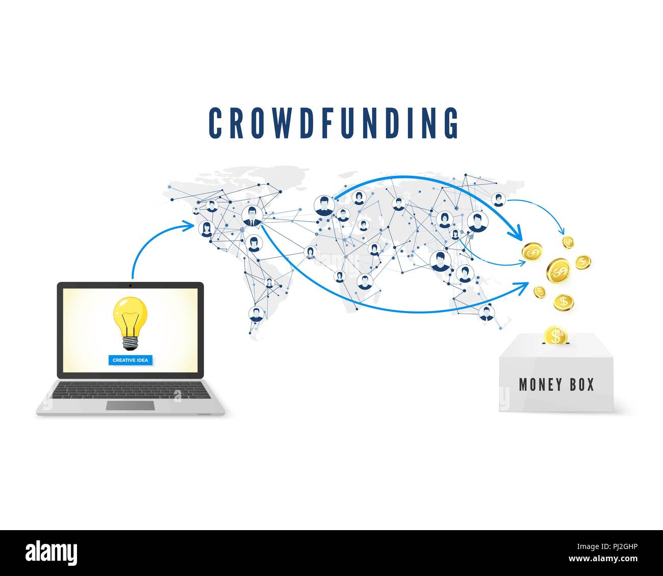 Concept Crowdfunding. Idée de démarrage lancement. Les gens de réseau mondial des dons d'argent pour l'idée d'entreprise et à contribuer au développement de projet. vector illustration Illustration de Vecteur
