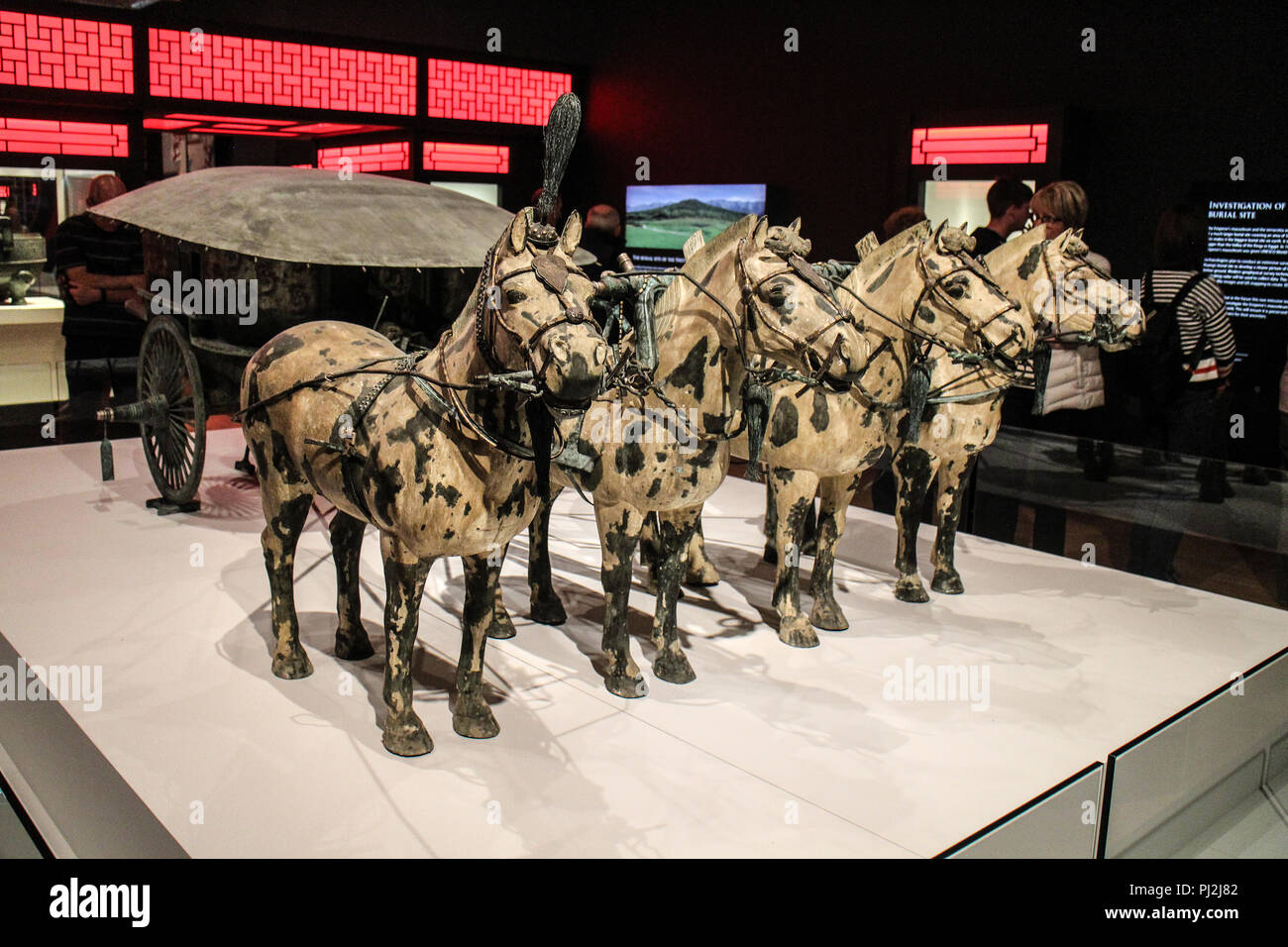 L'un des deux chars modèle moderne replic et chevaux au Premier Empereur de la Chine et de l'exposition 2018 guerriers en terre cuite au Musée du Monde, Liverpool Banque D'Images