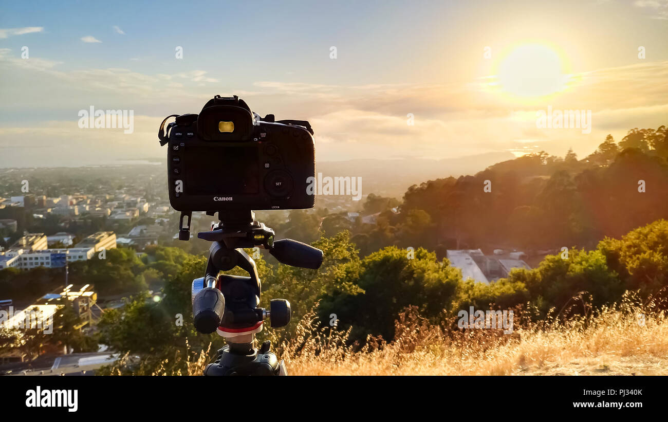 Berkeley, États-Unis - 12 juillet 2018 : Canon 5D Mark IV mis en place sur un trépied Manfrotto chez Grizzly Peak dans Berkeley Hills pointing at San Francisco cov Banque D'Images