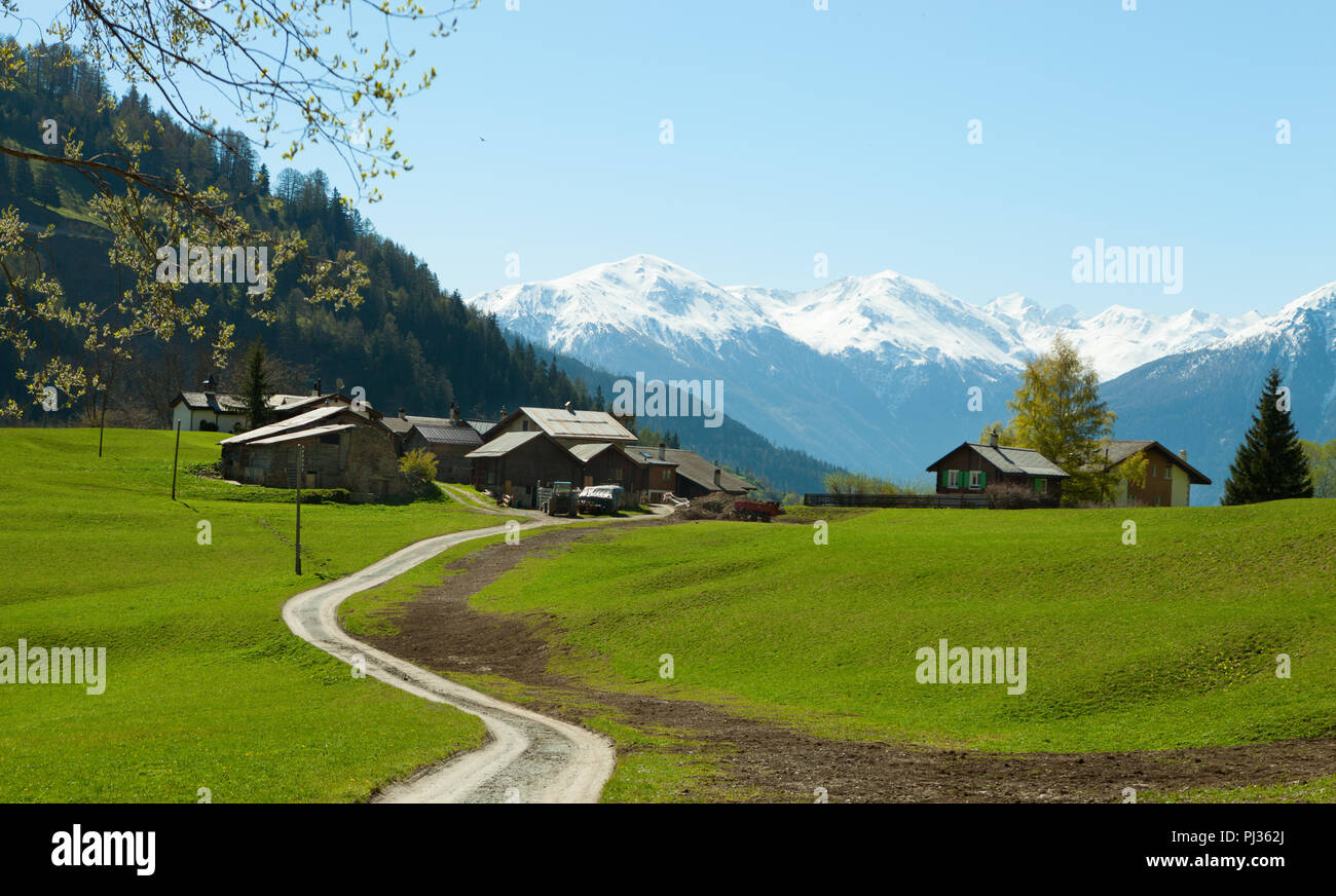 Petite ferme dans les Alpes Suisses (près de Loèche-les-Bains). Bodmen, Valais, Suisse Banque D'Images