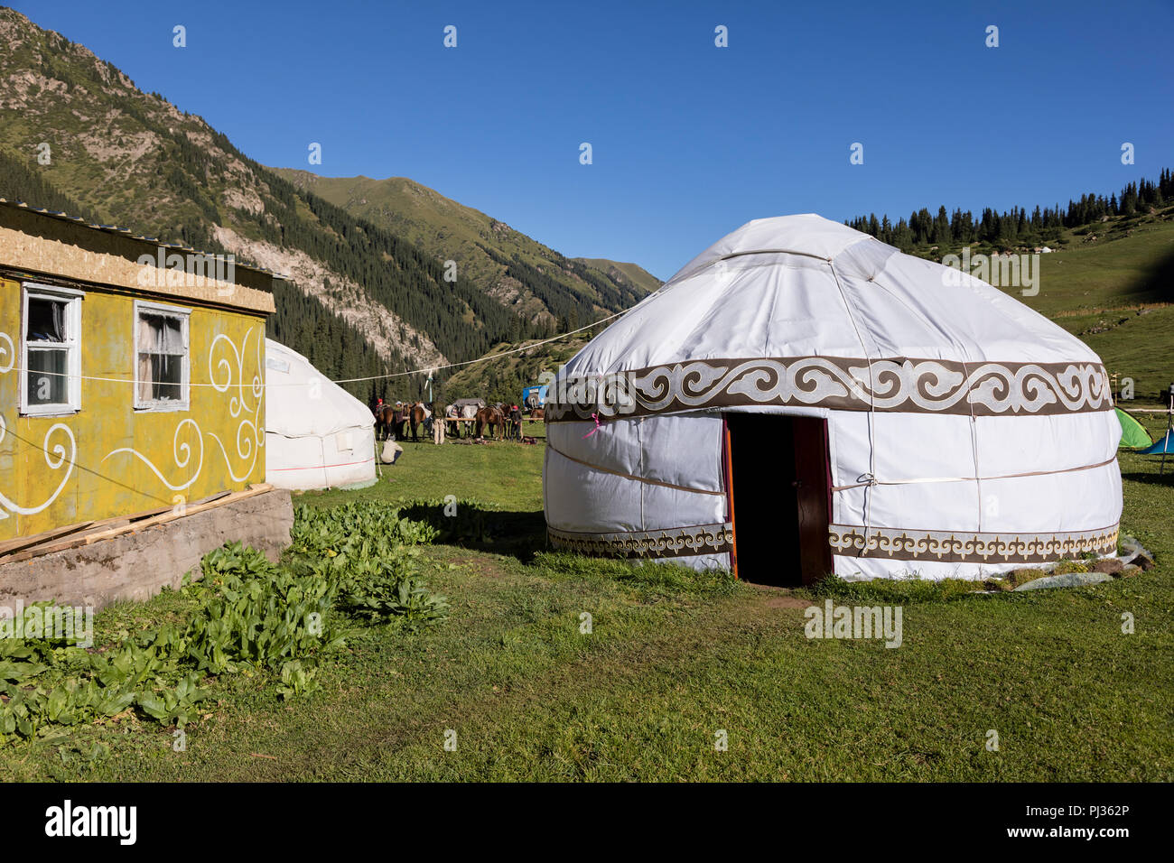 Altyn-Arashan, Kirghizistan, 13 août 2018 : Camp de Yourte dans la vallée de Karakol au Kirghizistan près de Altyn-Arashan Banque D'Images