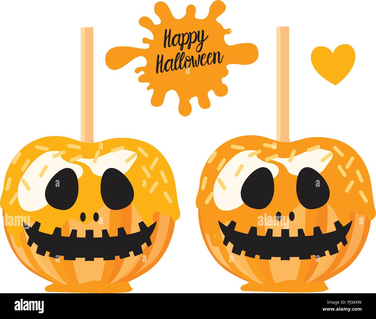 Candy Orange sur un bâton avec un lustre de caramel sous la forme d'une citrouille Jack. Happy Halloween dessert. Vector illustration sur fond blanc. Illustration de Vecteur