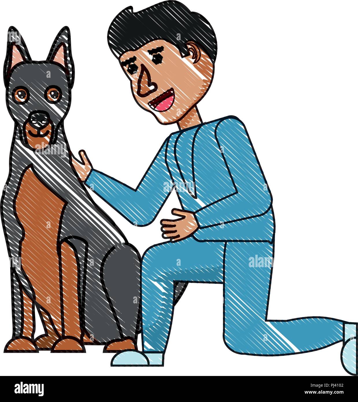 L'homme dessin animé de caresser un joli chien sur fond blanc, vector illustration Illustration de Vecteur