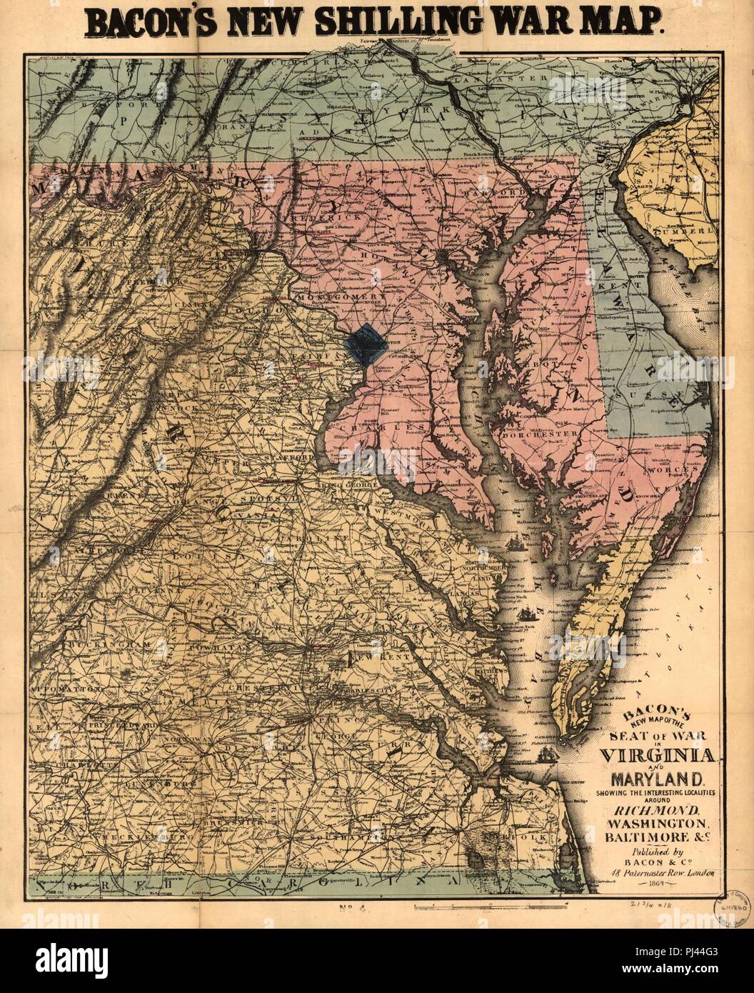 Bacon's nouvelle carte du siège de guerre en Virginie et dans le Maryland. Montrant les intéressantes localités autour de Richmond, Washington, Baltimore, etc. Banque D'Images