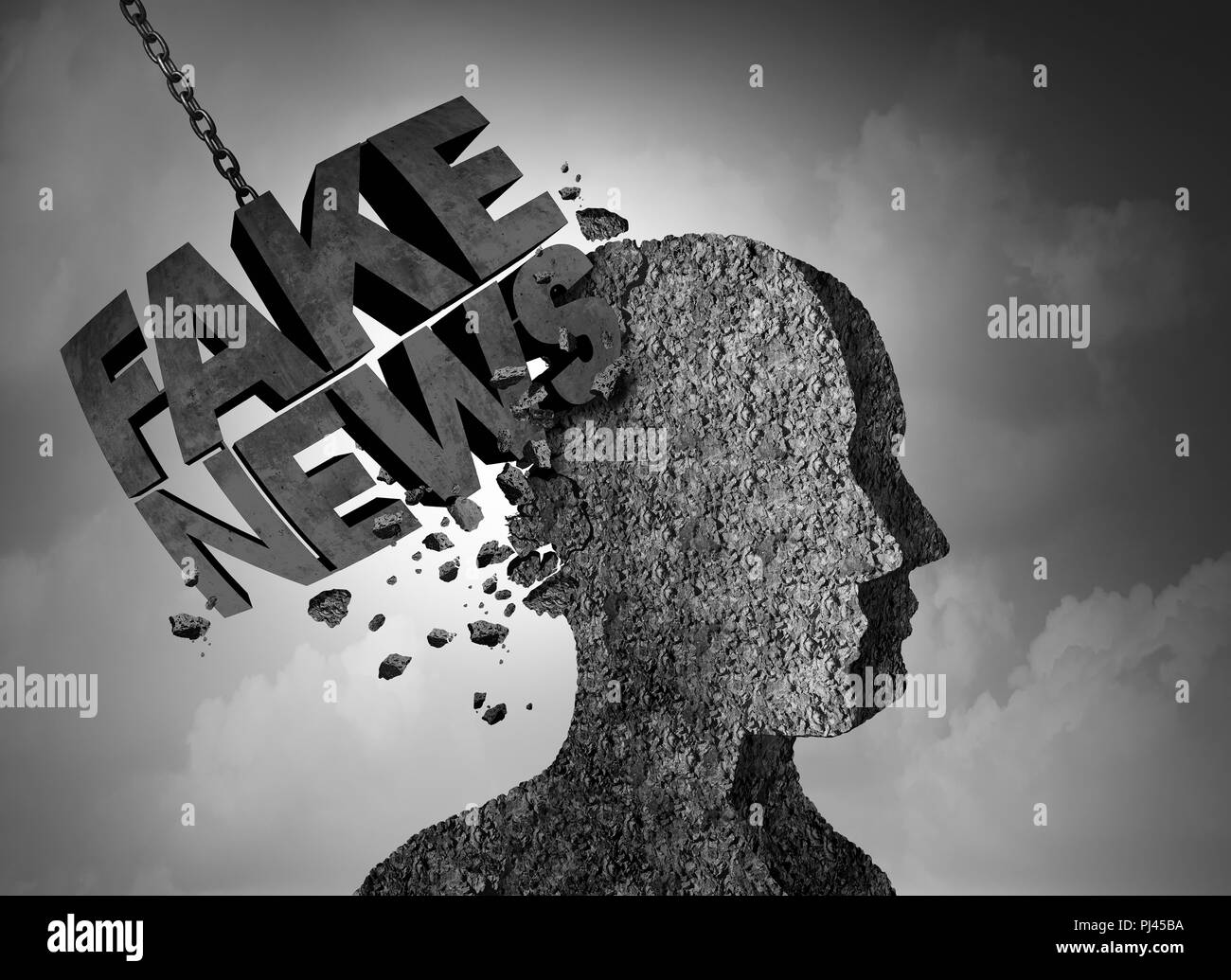 Fake news breaking story concept et des journalistes comme un canular Wrecking Ball en forme de texte comme false media reporting la métaphore et préjudiciables. Banque D'Images