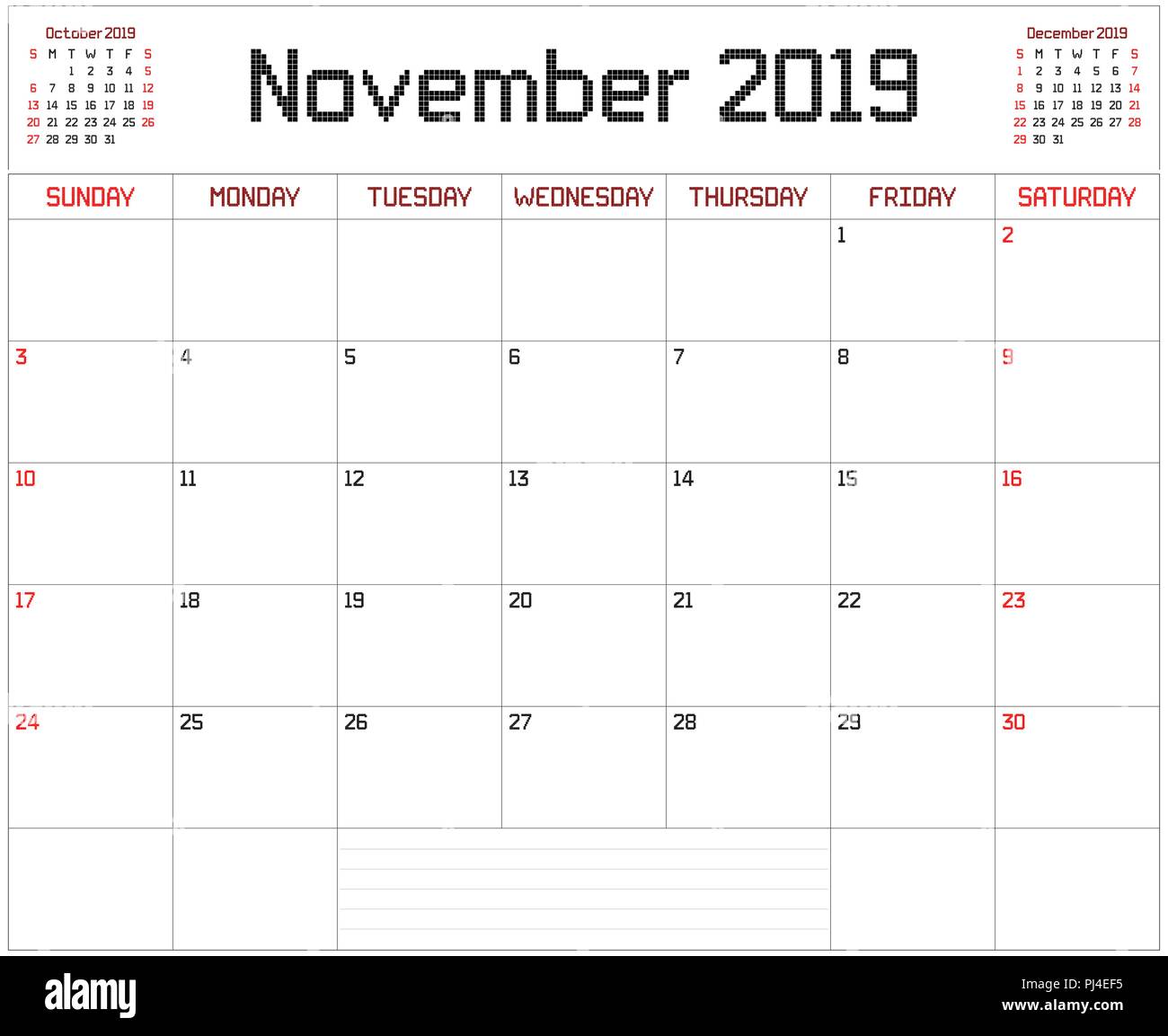 Année 2019 Agenda Novembre - une planification mensuelle pour le mois de  novembre 2019 sur blanc. Un carré style pixel est utilisé Image Vectorielle  Stock - Alamy