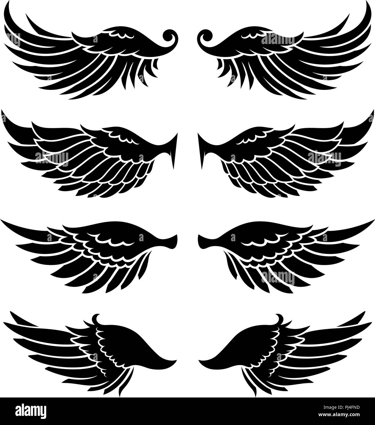 Silhouettes ailes isolé sur blanc. Utiliser comme une impression sur T-shirts, élément de tatouage ou d'autres utilisations Illustration de Vecteur