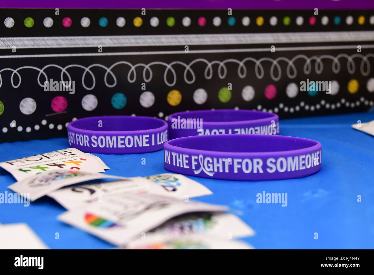 180830-N-IY469-049 - Autocollants et bracelets ont été remis aux visiteurs du rodéo de la recherche sur le cancer. Banque D'Images