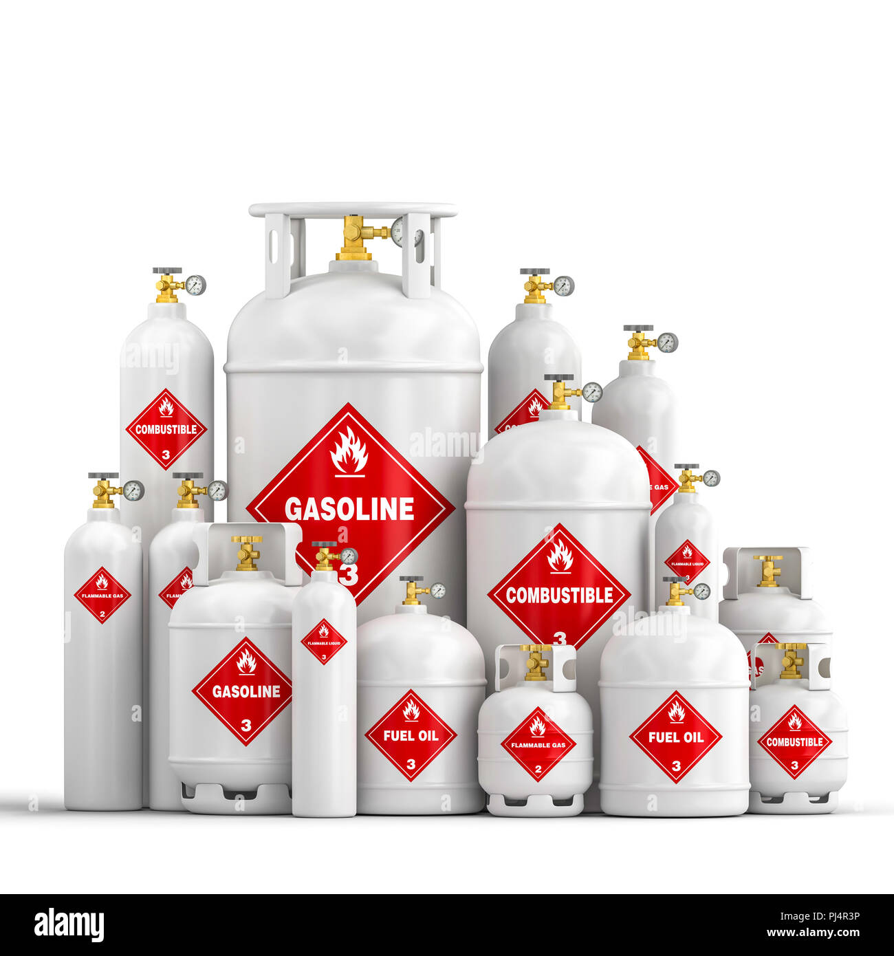 Cylindre de carburant différents conteneurs dangereux image de rendu 3D Banque D'Images