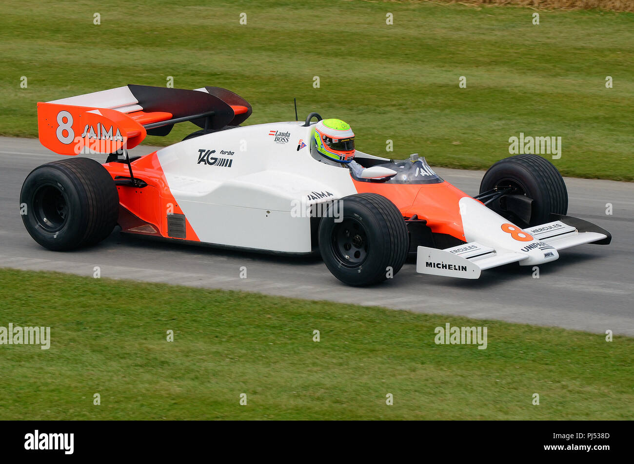 McLaren MP4/2 Grand Prix de Formule 1 voiture au Goodwood Festival of Speed, FoS. Niki Lauda voiture gagnante du championnat constructeurs Banque D'Images