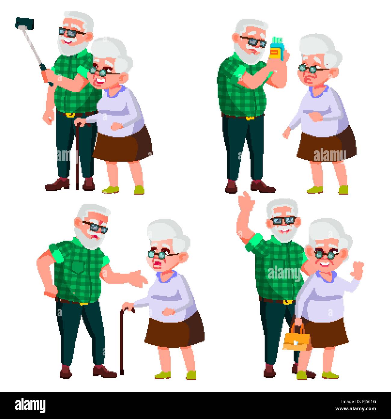 Vieux couple vecteur. Les grands-parents modernes. La vieillesse. Avec des lunettes. Faire face à ses émotions. Les gens heureux ensemble. L'européen. Télévision Cartoon illustration isolé Illustration de Vecteur