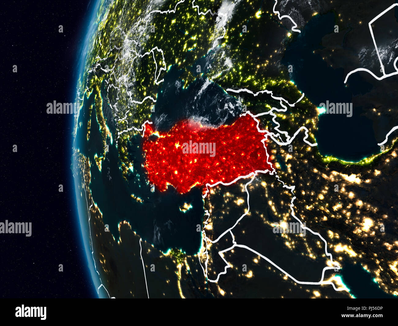 La Turquie dans la nuit avec un visible frontières du pays. 3D illustration. Éléments de cette image fournie par la NASA. Banque D'Images