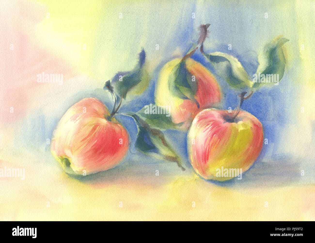 Pommes rouges dans le fond bleu aquarelle Nature morte Banque D'Images