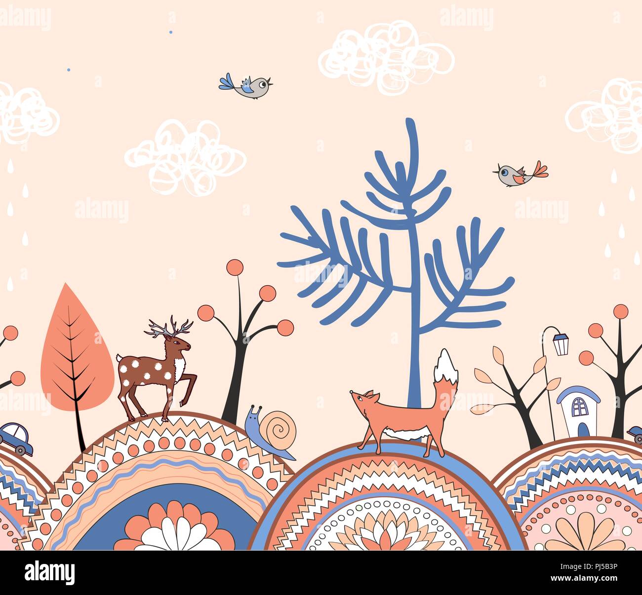 Doodle mignon avec motif transparent orné de dessins animés, collines, arbres et animaux de la forêt. Frontière avec l'automne paysage météo. Vector illustration Illustration de Vecteur