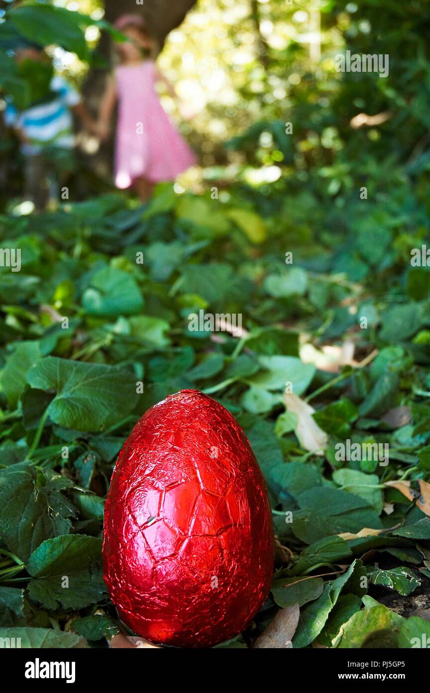 Un petit garçon et fille la chasse pour les oeufs de Pâques en chocolat. Banque D'Images