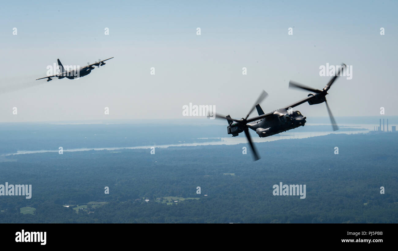 Un 8e Escadron d'opérations spéciales CV-22 Osprey avion à rotors basculants vole à côté d'un 15e Escadron d'opérations spéciales MC-130H Combat Talon II au-dessus de la Virginie, le 24 août, 2018. Les avions de la 1re Escadre d'opérations spéciales, champ Hurburt, Floride, a effectué un survol au-dessus de l'Air Force Memorial à Arlington, Virginia, fidèle à l'U.S. Air Force Tech. Le Sgt. John Chapman, un contrôleur spécial combat tactique, qui a reçu à titre posthume la Médaille d'honneur pour son héroïsme extraordinaire pendant la bataille de Takur Ghar en mars 2002 lors d'un déploiement en Afghanistan. Chapman est le 19e d'un membre pour recevoir la Banque D'Images