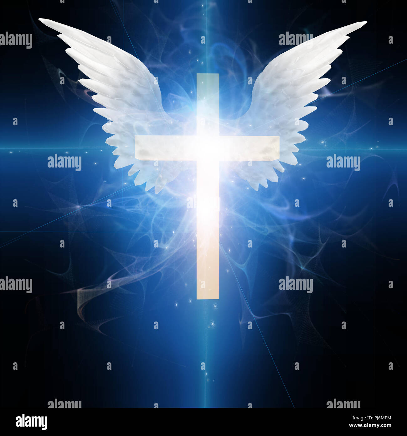 Croix avec des ailes blanches et lumière Banque D'Images