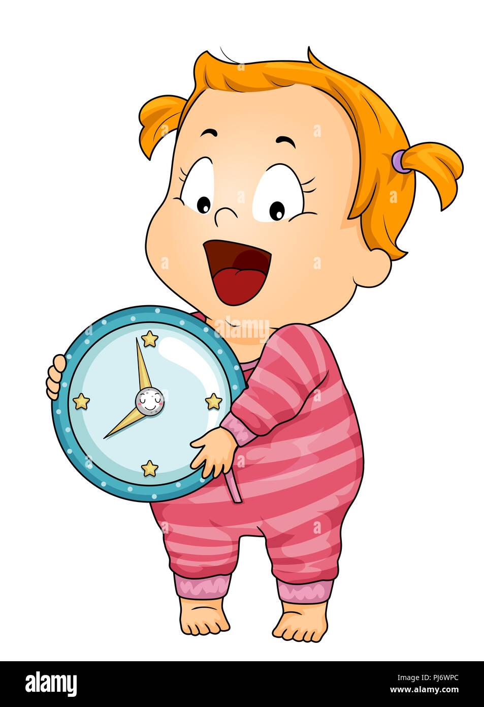 Illustration d'un enfant fille Toddler Wearing Onesies et tenant une horloge indiquant huit heures Banque D'Images
