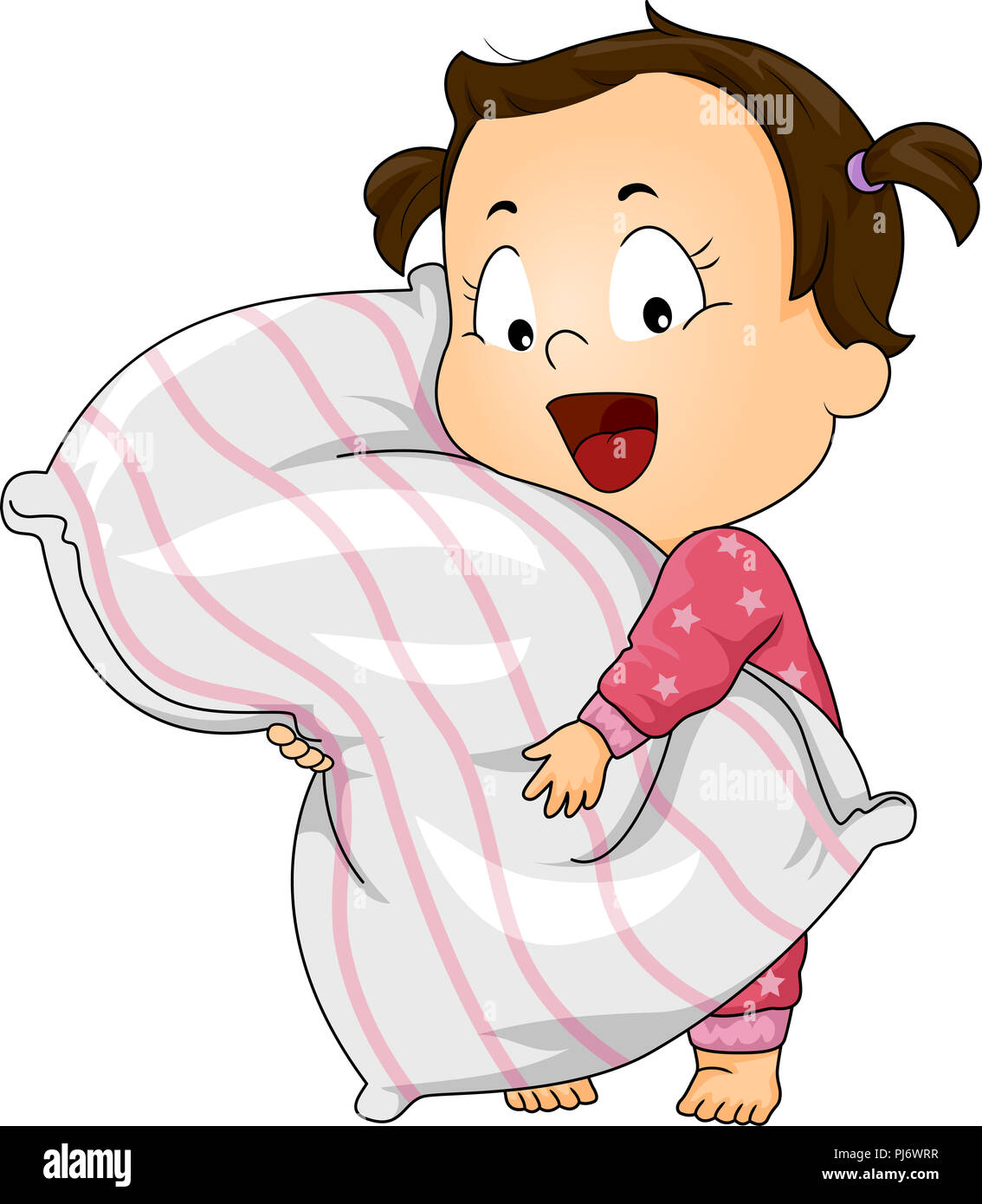Illustration d'un Kid Girl Wearing Pink Pajama et serrant un grand coussin Banque D'Images