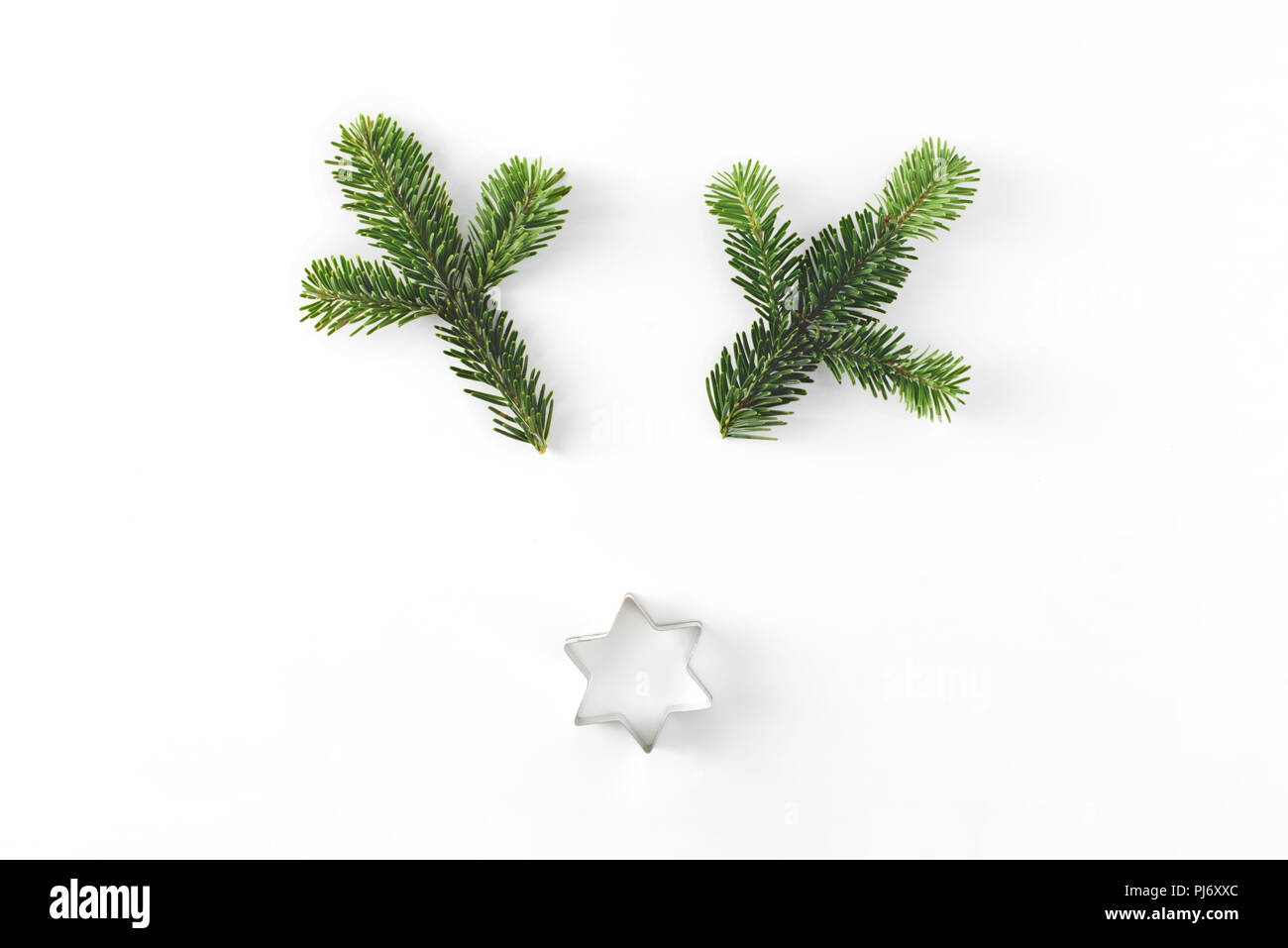 Le cerf de Noël drôle de visage faites de branches de sapins et petite étoile isolé sur blanc. Nouvel an fête concept. Banque D'Images
