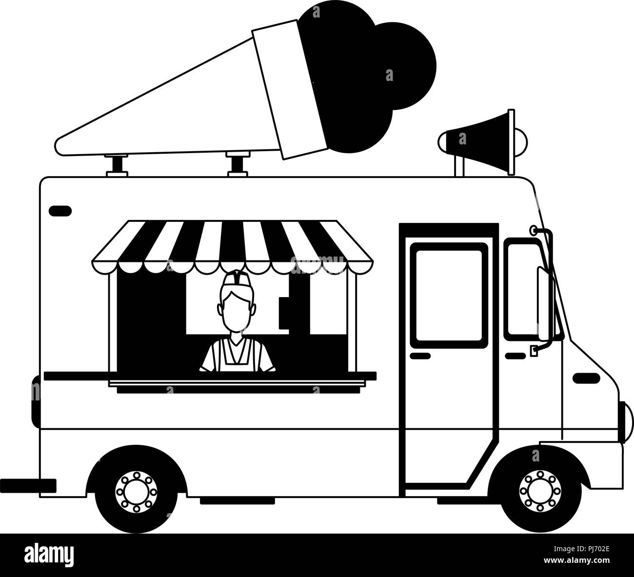 Camion de crème glacée et de l'homme en noir et blanc Illustration de Vecteur