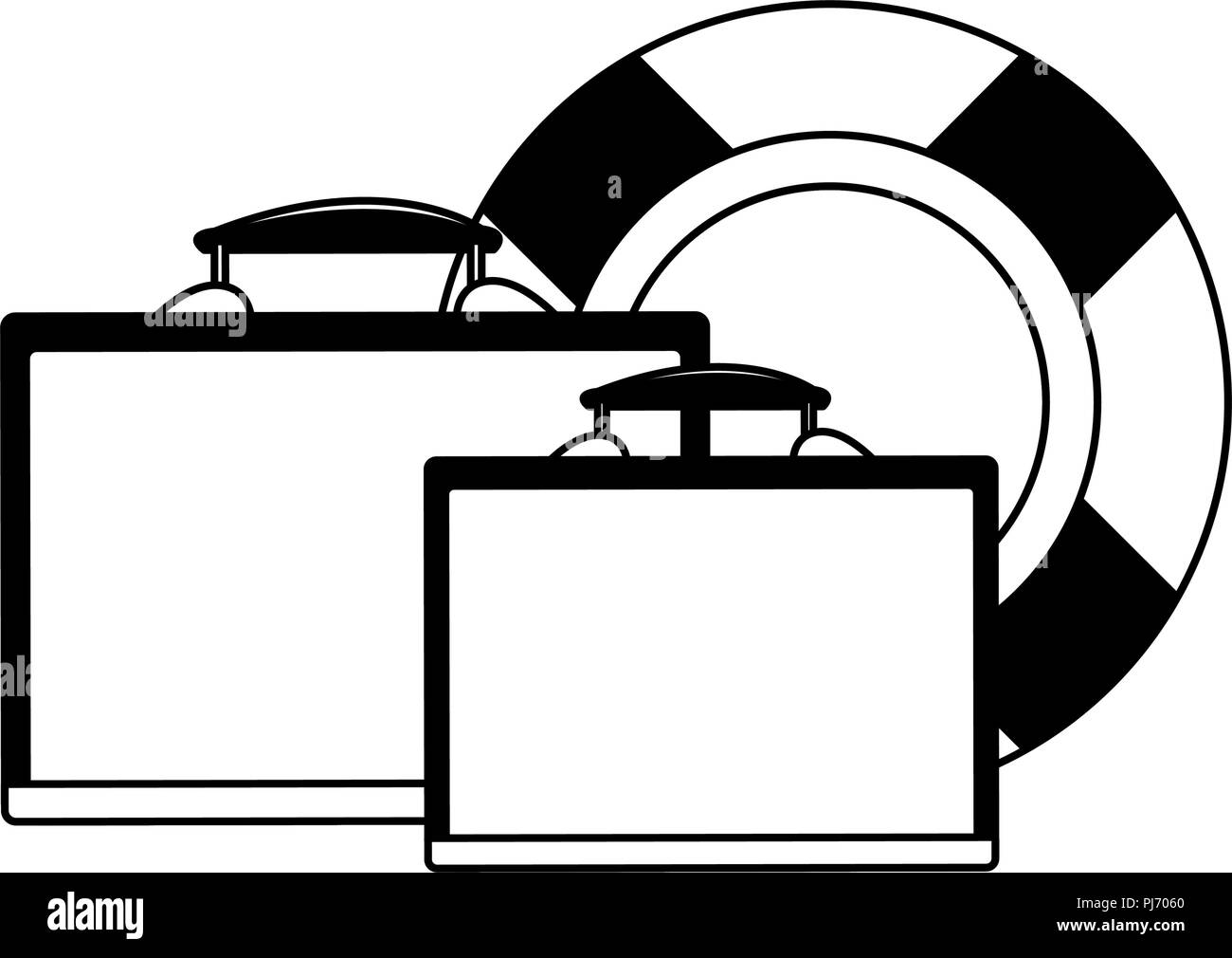 Valises de voyage et d'un flotteur en noir et blanc Illustration de Vecteur