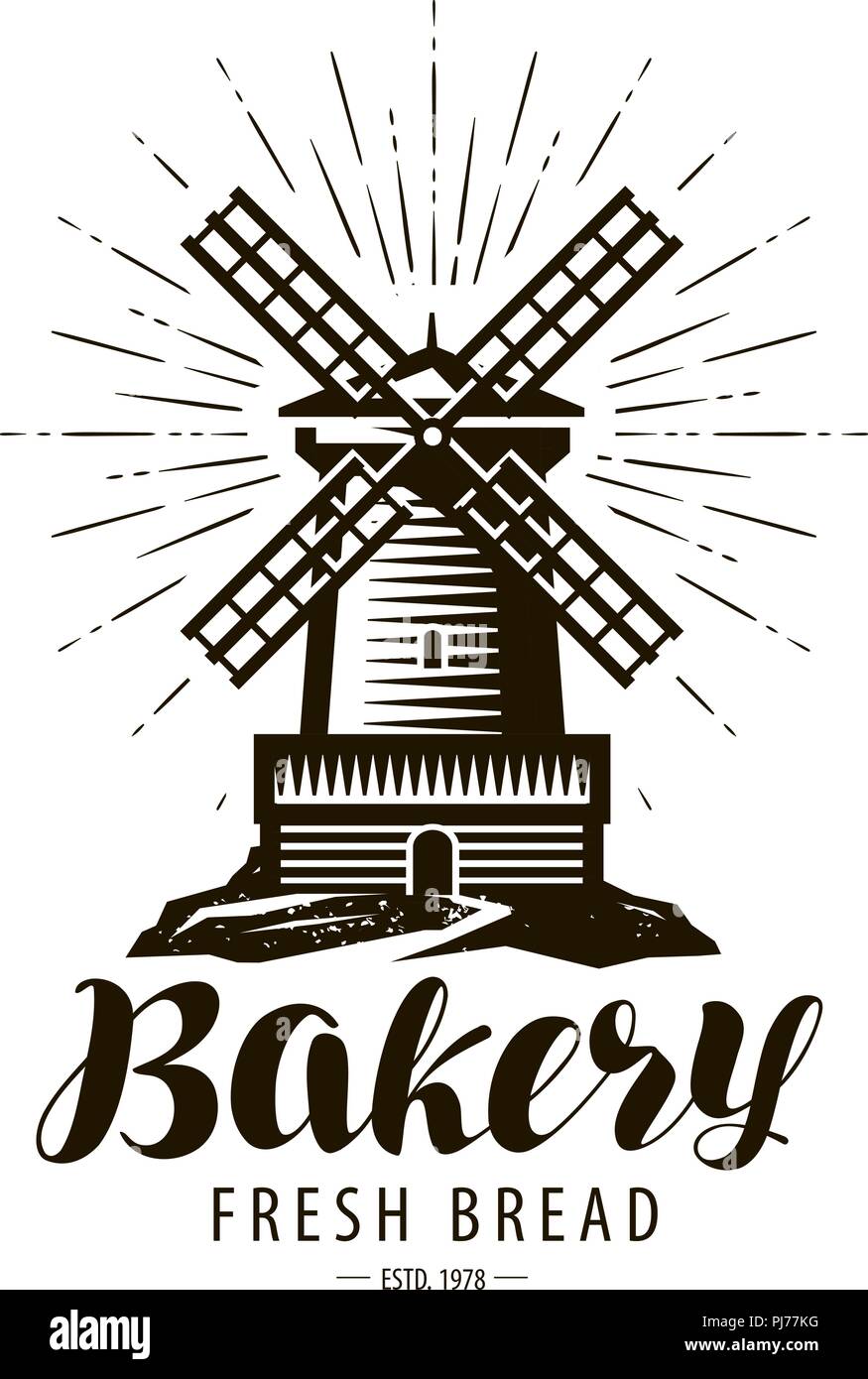 Boulangerie, boulangerie logo ou label. Moulin à vent, symbole de l'usine, vector Illustration de Vecteur