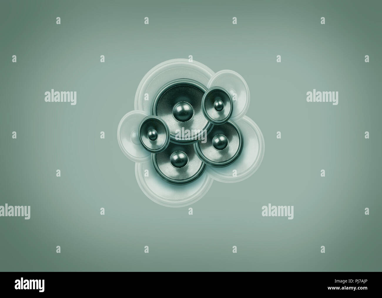 Haut-parleurs audio sur un fond vert pâle avec copie espace, 3D illustration Banque D'Images