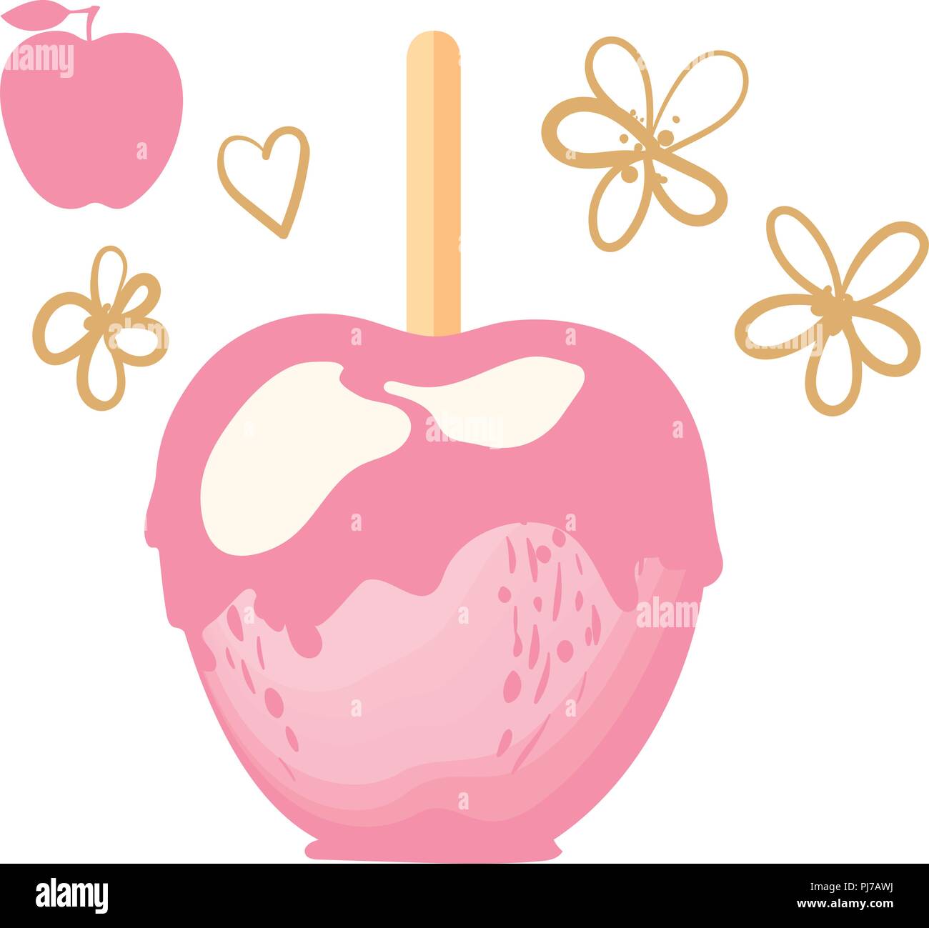 Avec Apple caramel rose bonbon sucré sur des bâtons d'un dessert. Vector illustration sur fond blanc. Illustration de Vecteur