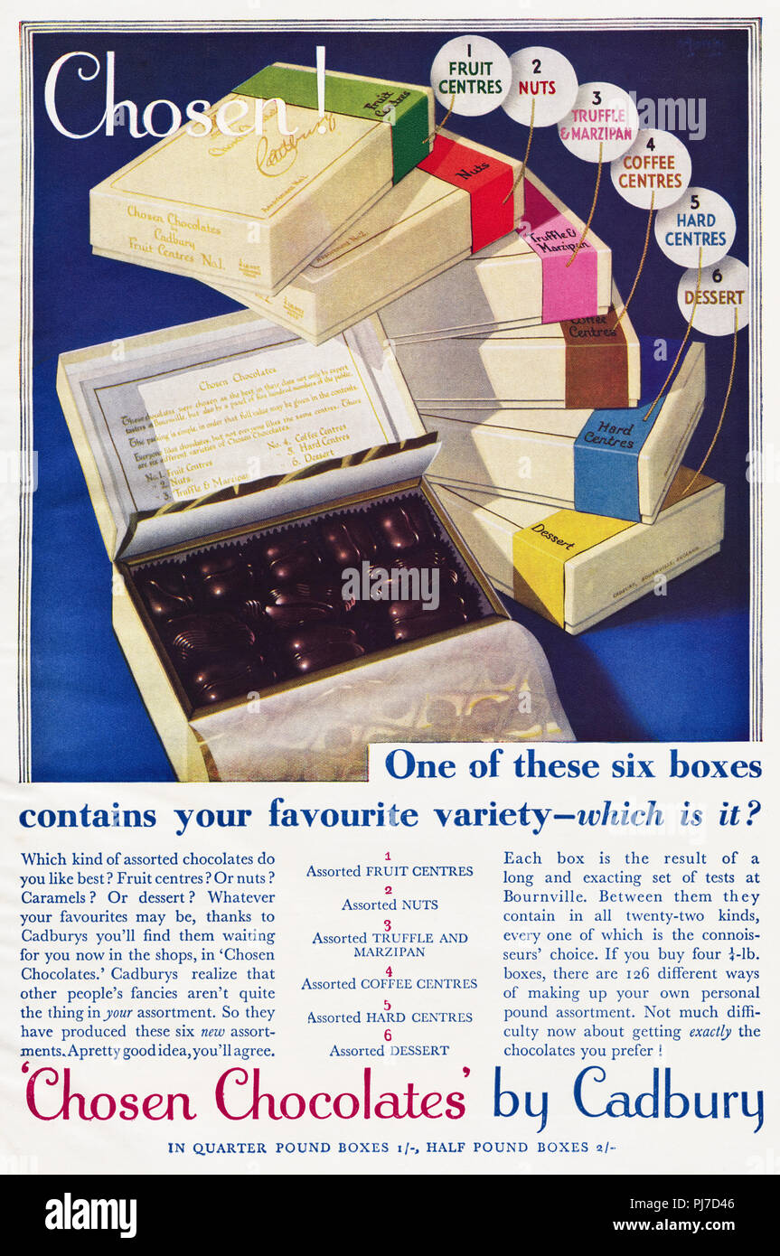 1930 old vintage advert original chocolats publicitaires par Cadbury dans revue anglaise vers 1932 Banque D'Images