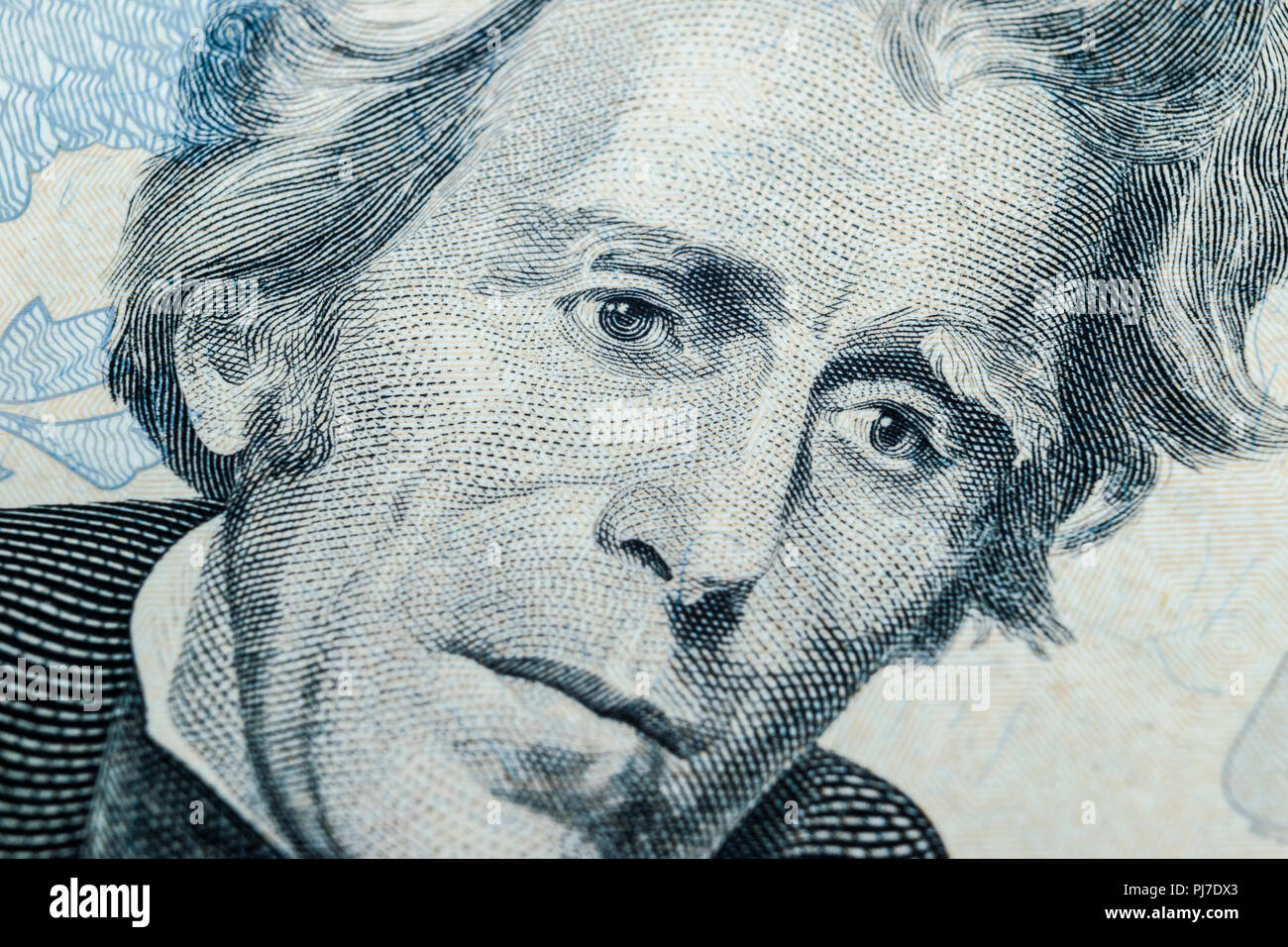 Voir Portrait d'Andrew Jackson sur l'un de vingt dollars. Arrière-plan de l'argent. 20 dollar bill avec Andrew Jackson yeux macro shot. M Banque D'Images