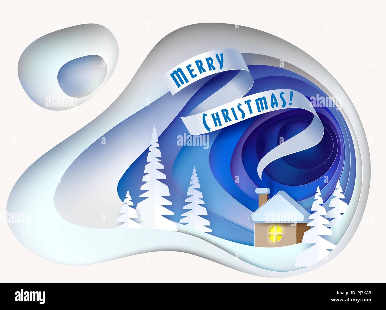 Carte de Noël. La colline de neige fourrure avec arbres et petite maison. Coupe papier hiver craft design. Vector illustration Illustration de Vecteur