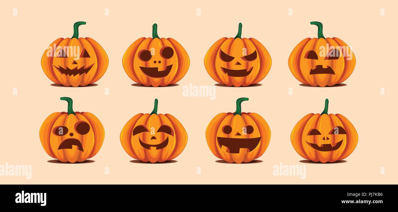 Citrouilles d'Halloween dans le vector avec set de différents visages pour les icônes et les décorations dans l'arrière-plan orange vif. Vector illustration. Illustration de Vecteur