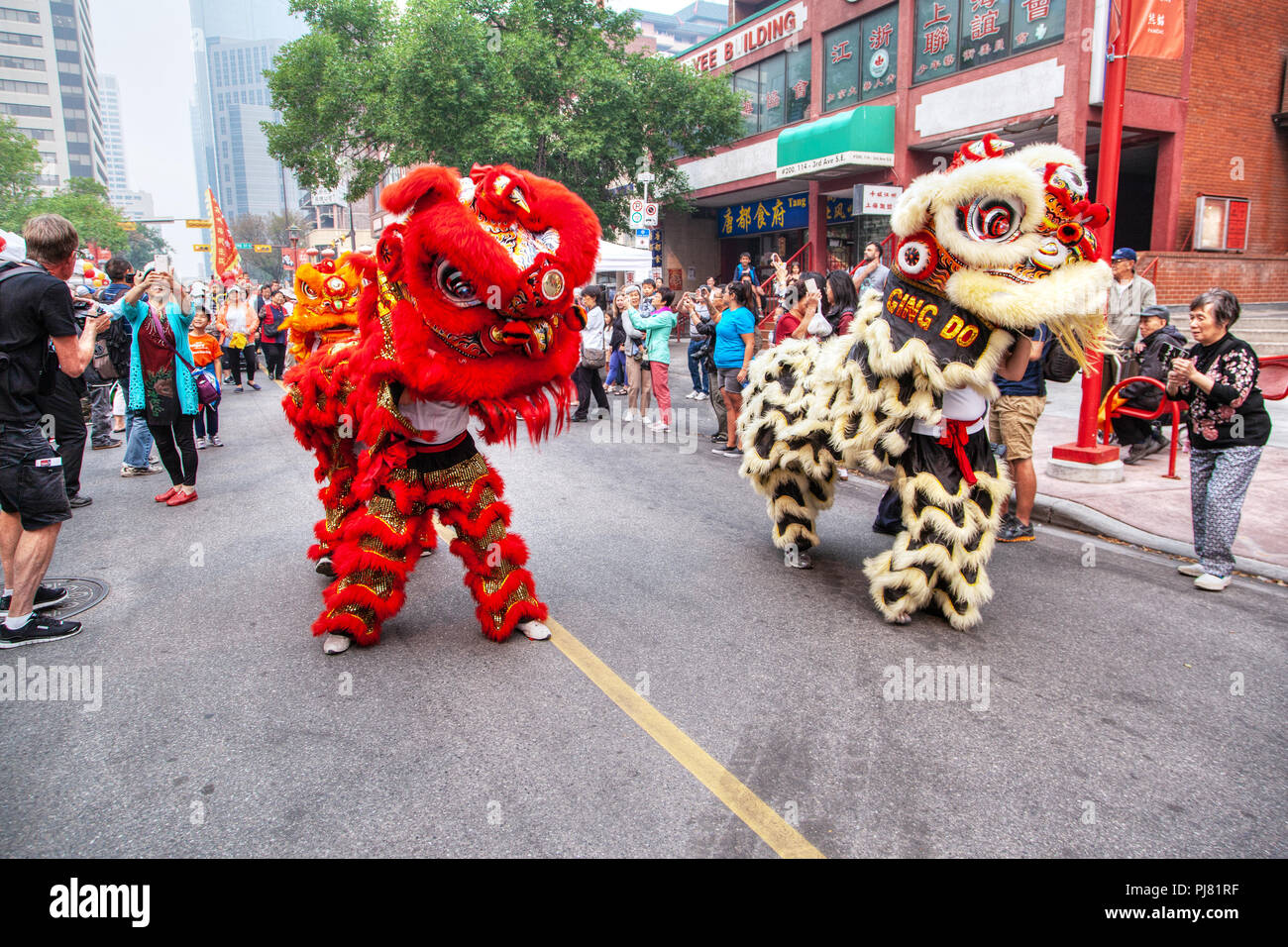 CALGARY, CANADA - SEP 4, 2018 : une foule regardant une danse du lion chinois le long de Chinatown à Calgary, Alberta, Canada, à l'occasion de f chinois Banque D'Images