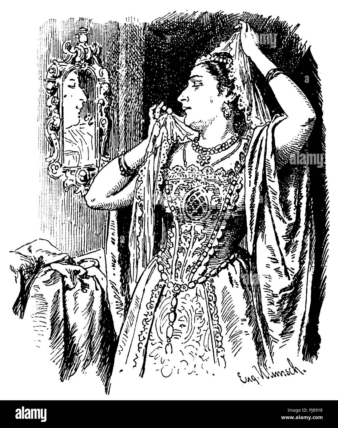 Snow White : la belle-mère devant le miroir se demande : "Qui est la plus belle du pays ?', Eugen Klimsch 1910 Banque D'Images